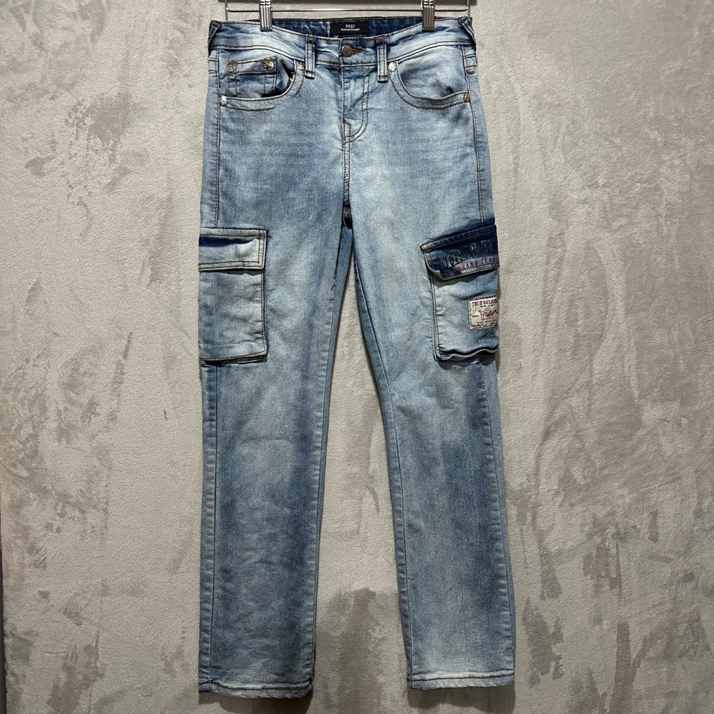 True Religion Ricky Relaxed Straight Cargo Jeans Boys Size 16 Light Blue 45121